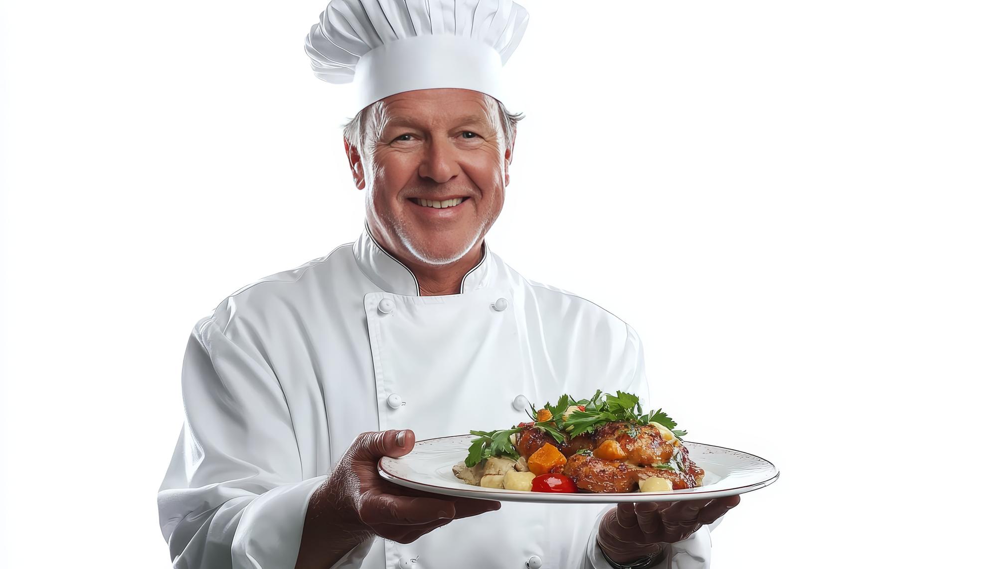 Friendly chef presenting plated meal